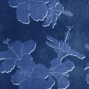 tropical hibiscus block print - deep blue