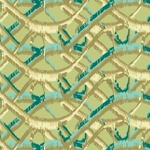 Weave, Light yellow, mustard and turquoise on a light green background