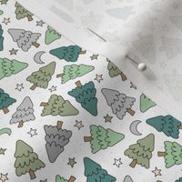 Happy Holidays Starry night and magic moon - Boho vintage Christmas trees seasonal forest design green gray neutral palette on white  SMALL