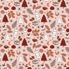 Vintage winter wonderland leaves moon stars autumn smores marshmallows snacks and pumpkin spice coffee and christmas pudding and trees orange rust red on blush seventies palette SMALL