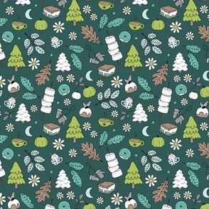 Vintage winter wonderland leaves moon stars autumn smores marshmallows snacks and pumpkin spice coffee and christmas pudding and trees green teal on deep pine green SMALL