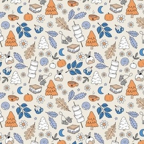 Vintage winter wonderland leaves moon stars autumn smores marshmallows snacks and pumpkin spice coffee and christmas pudding and trees orange cornflower blue on beige sand retro palette SMALL