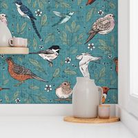 18” Backyard Birds - turquoise linen texture