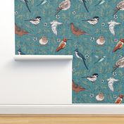 18” Backyard Birds - turquoise linen texture