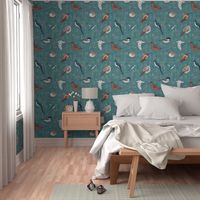 18” Backyard Birds - turquoise linen texture