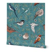 18” Backyard Birds - turquoise linen texture