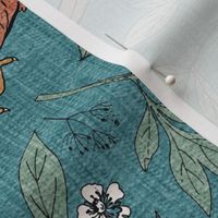 18” Backyard Birds - turquoise linen texture