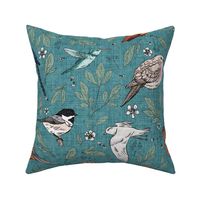 18” Backyard Birds - turquoise linen texture