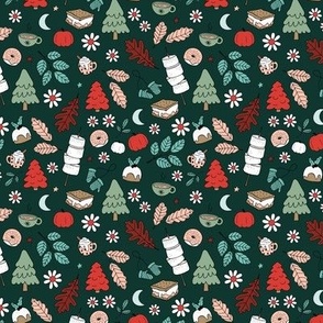 Vintage winter wonderland leaves moon stars autumn smores marshmallows snacks and pumpkin spice coffee and christmas pudding and trees mint teal red on green SMALL