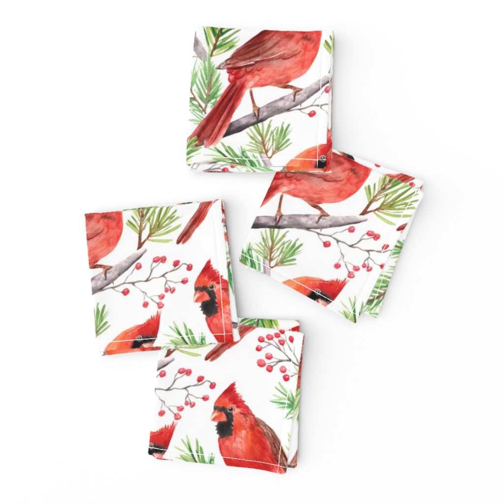 Watercolor cardinals, wintertime Christmas fabric