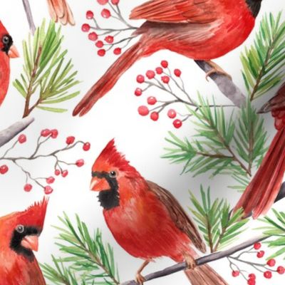 Watercolor cardinals, wintertime Christmas fabric