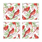 Watercolor cardinals, wintertime Christmas fabric