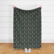 Vintage winter wonderland leaves moon stars autumn smores marshmallows snacks and pumpkin spice coffee and christmas pudding and trees mint teal red on green