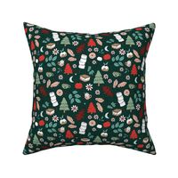 Vintage winter wonderland leaves moon stars autumn smores marshmallows snacks and pumpkin spice coffee and christmas pudding and trees mint teal red on green