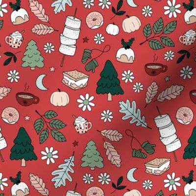 Vintage winter wonderland leaves moon stars autumn smores marshmallows snacks and pumpkin spice coffee and christmas pudding and trees sage green pine blush beige on ruby red