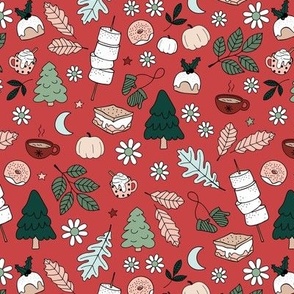 Vintage winter wonderland leaves moon stars autumn smores marshmallows snacks and pumpkin spice coffee and christmas pudding and trees sage green pine blush beige on ruby red