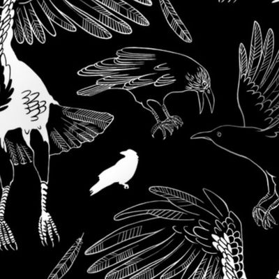 Crows and ravens, flock of flying whimsigothic black birds
