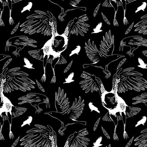 Crows and ravens, flock of flying whimsigothic black birds