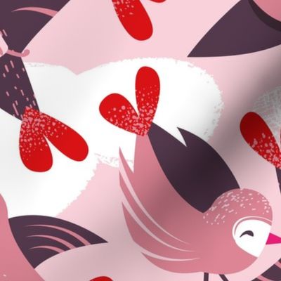 Lovebirds // normal scale // pastel pink background with clouds blush pink and beet purple birds vivid red heart tails fuchsia details