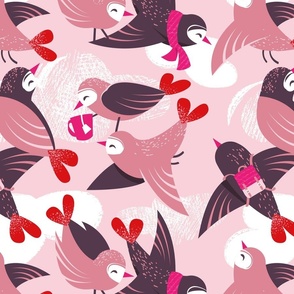 Lovebirds // normal scale // pastel pink background with clouds blush pink and beet purple birds vivid red heart tails fuchsia details