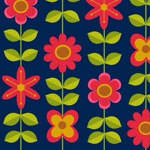 Mid Century Modern Red Flowers Pattern with Green leaves