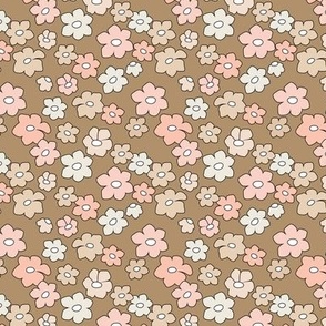 Scandinavian minimalist retro boho flowers - seasonal blossom winter garden ditsy flower design seventies blush beige pink on tan