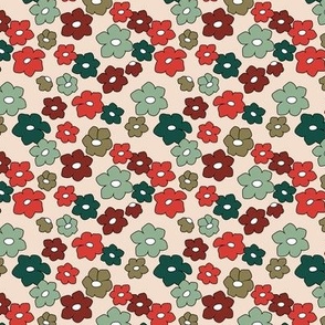 Scandinavian minimalist retro boho flowers for christmas - seasonal blossom garden ditsy flower design red burgundy mint olive green on sand blush