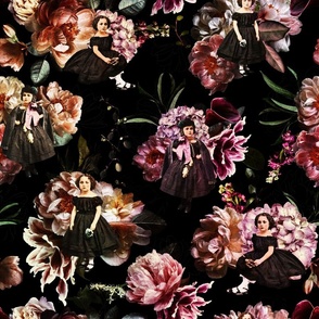 Nostalgic Antique Flower Bouquets: Real Roses and Hydrangea Meet Spooky Halloween Goth Girl Vibes for Vintage Gothic Home Decor and Aesthetic Fantasy Wallpaper  - colorful  black 