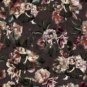 Nostalgic Antique Flower Bouquets: Real Roses and Hydrangea Meet Spooky Halloween Goth Girl Vibes for Vintage Gothic Home Decor and Aesthetic Fantasy Wallpaper - brown black 