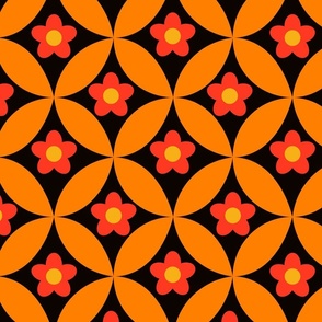 Retro 70s red flower pattern on mid century orange circles 