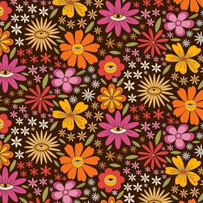 Retro 70s Groovy psychedelic flowers with eyes   