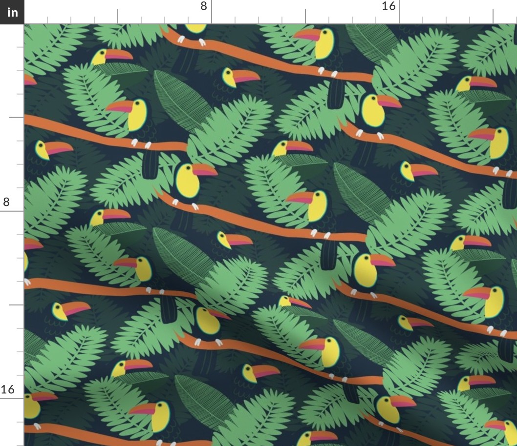 Toucans in the Rainforest Amongst Tropical Palm Leaves