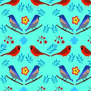 Cardinal and blue birds on Turquoise 