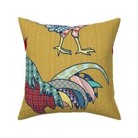 colorful patchwork roosters on gold | large | colorofmagic