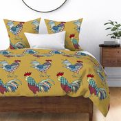 colorful patchwork roosters on gold | large | colorofmagic