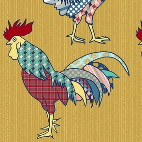 colorful patchwork roosters on gold | large | colorofmagic