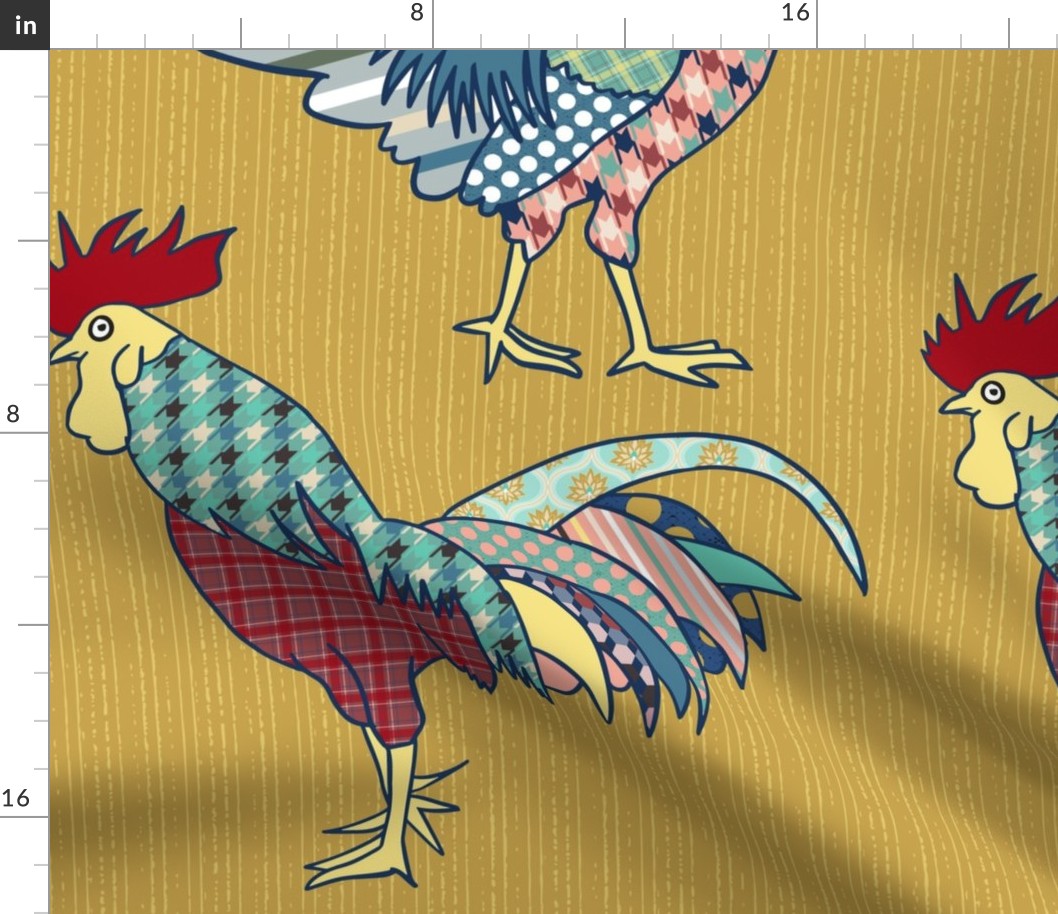 colorful patchwork roosters on gold | large | colorofmagic