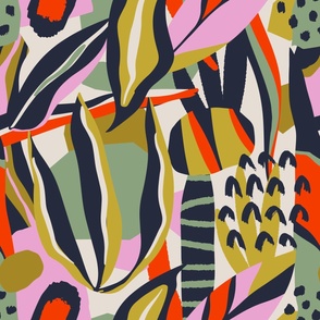 Vibrant pattern with hand drawn shapes, spots, dots and lines with textures