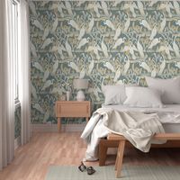 Watching cranes muted blue - large scale / 19" fabric / 28" wallpaper