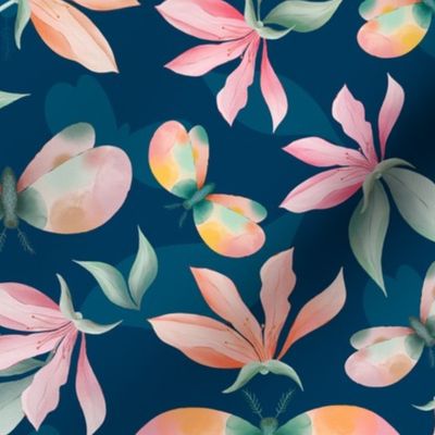 Magnolia flowers and moths seamless pattern