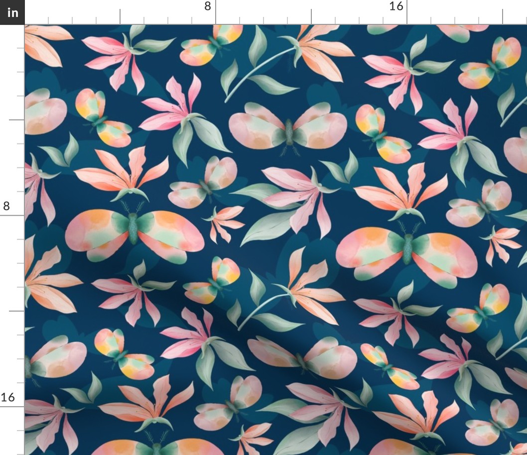 Magnolia flowers and moths seamless pattern