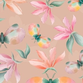 Magnolia flowers and moths seamless pattern