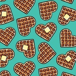 Heart shaped waffles -  breakfast food - Valentine's Day - teal - LAD22