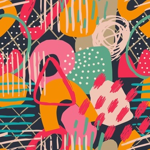  Vibrant pattern with hand drawn shapes, spots, dots and lines with textures