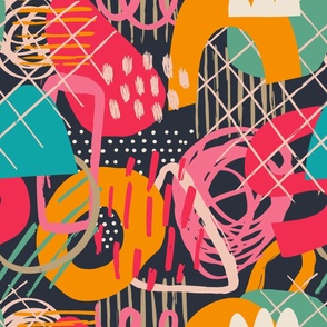 Vibrant pattern with hand drawn shapes, spots, dots and lines with textures