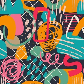 Vibrant pattern with hand drawn shapes, spots, dots and lines with textures