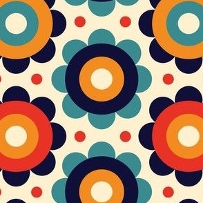 3inch Bold Geometric Flowers in Teal Navy Orange Red on Cream