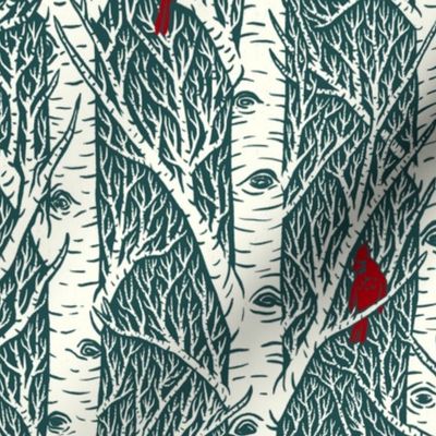 Cardinals & Birches // large scale // blue background // 16"