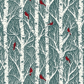 Cardinals & Birches // large scale // blue background // 16"
