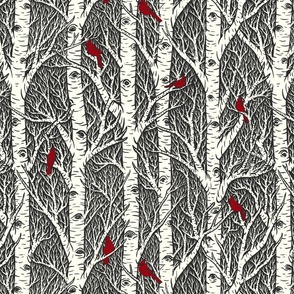 Cardinals & Birches // large scale // grey background // 16"